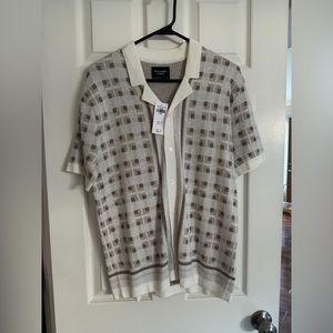 Abercrombie Sweater Polo Mens Small Cream Brown Geometric Button Through | NWT